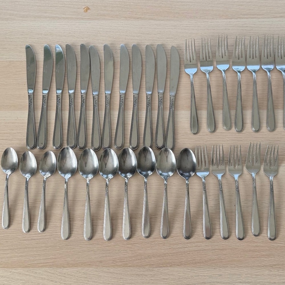 Rogers Stainless Korea Piece Flatware Set Beaded Floral Pattern Silverware